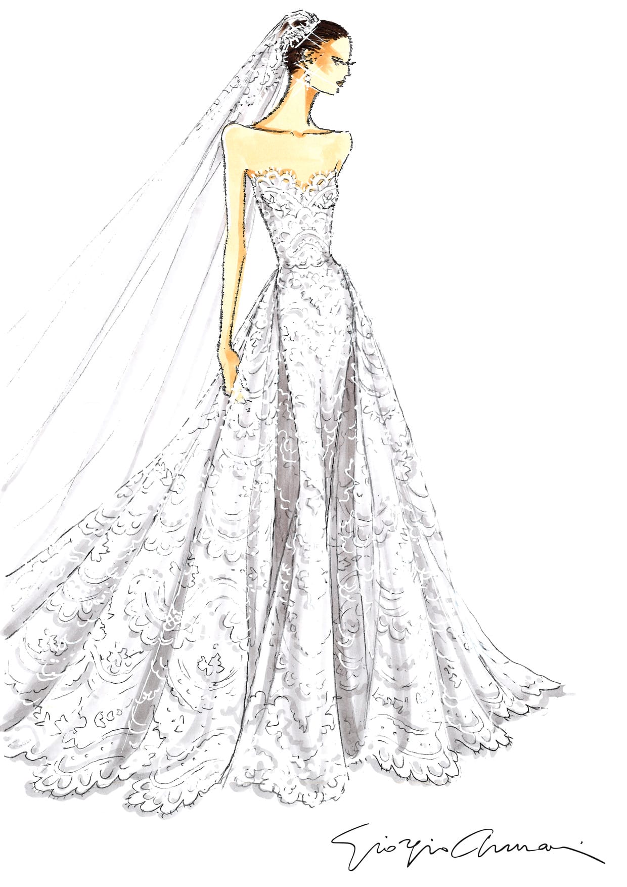 Chris Pratt and Katherine Schwarzenegger’s dress sketches from Giorgio Armani